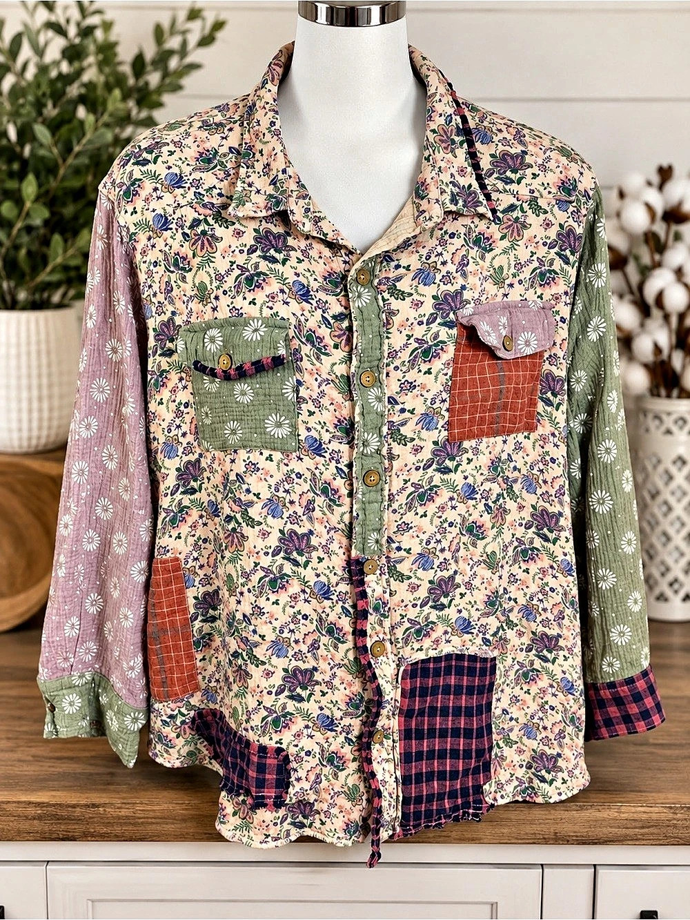 Blue Velvet Floral Patchwork Button Down Shirt Boho Mixed Print Top